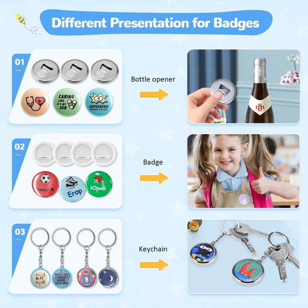Knapmaskine - Badgepresse - 25/32/58 mm forme - 300 sæt plastbadges - 10 flaskeåbnere - 10 nøgleringe - Rund papirskærer - Blå