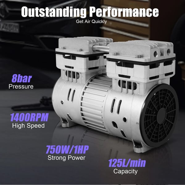 Luftkompressor - Støjsvag Oliefri - 125 L/min - 8 Bar - 750 W 1 HK - 220 V - 1400 RPM - Aluminium-kobberlegering - Sølv