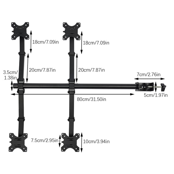 Skærmholder - Bordbeslag til 4 skærme - 25–51 cm skærme - Højde 0–40 cm - Vipning ±90° - Rotation 360° - 9 kg/arm - Sort