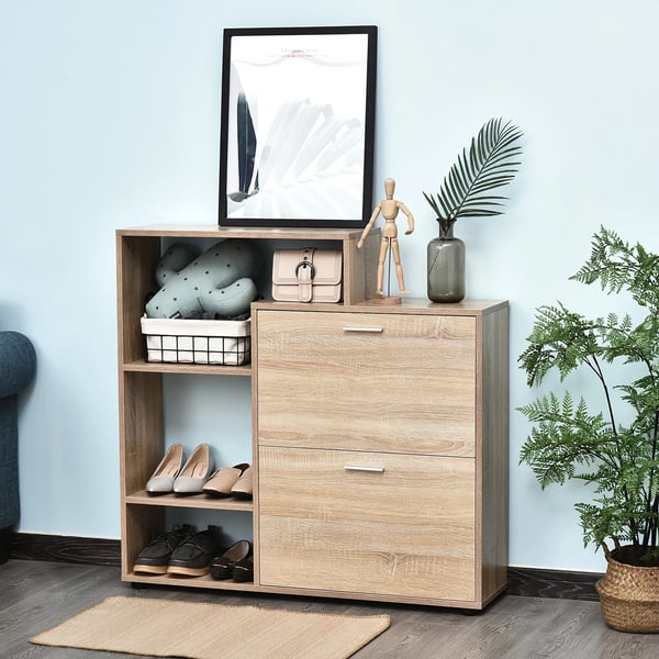 Skoskåp - Modell 837-013 - Trä - 2 Lådor - Minimalistisk Modern - 101,5 x 25,5 x 98 cm - Montering Krävs - Natur