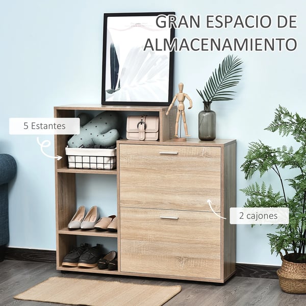 Skoskåp - Modell 837-013 - Trä - 2 Lådor - Minimalistisk Modern - 101,5 x 25,5 x 98 cm - Montering Krävs - Natur
