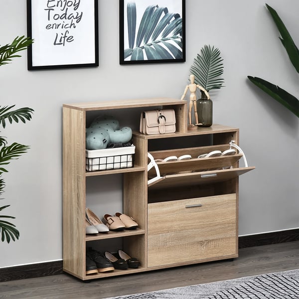 Skoskåp - Modell 837-013 - Trä - 2 Lådor - Minimalistisk Modern - 101,5 x 25,5 x 98 cm - Montering Krävs - Natur