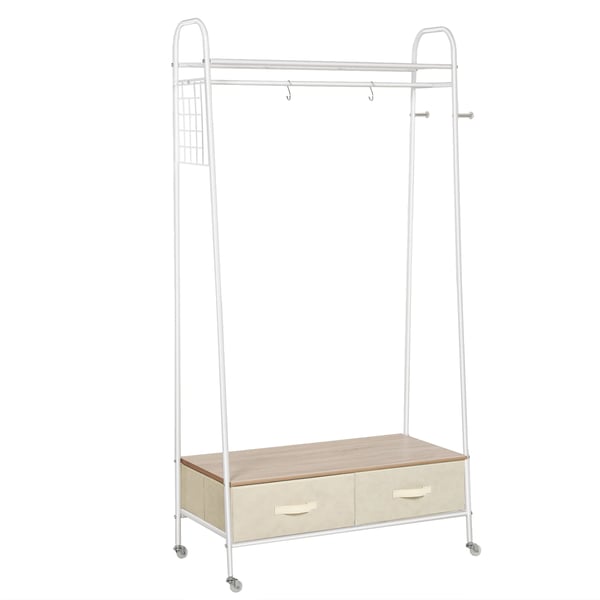 Klädställ - Garderobstativ - Metall - Med hjul - Klädstång, hyllor och lådor - Mått 99×47×185 cm - Montering krävs - Vit