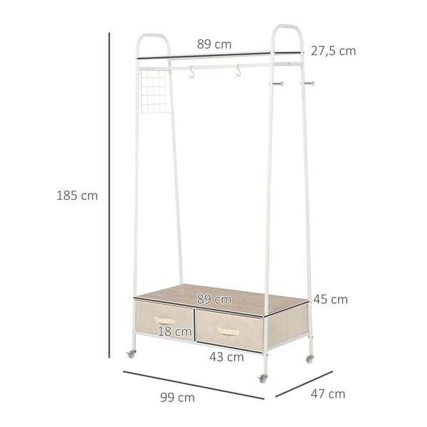 Klädställ - Garderobstativ - Metall - Med hjul - Klädstång, hyllor och lådor - Mått 99×47×185 cm - Montering krävs - Vit