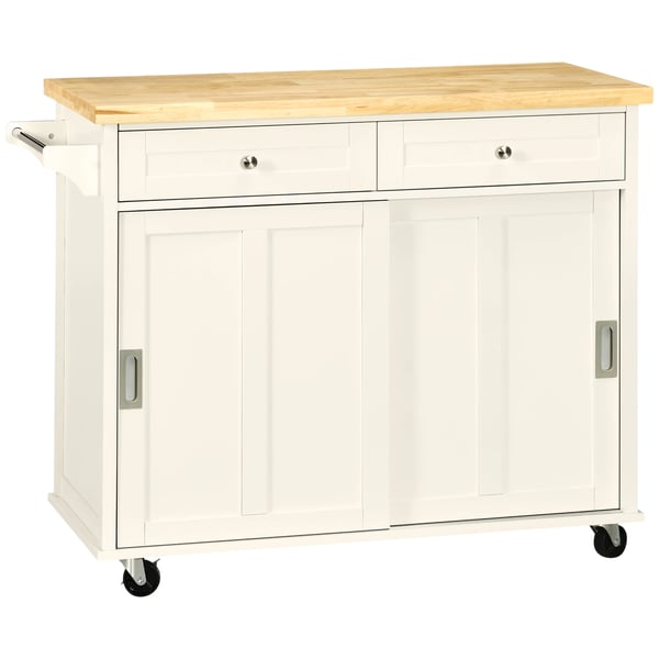 Köksvagn - Serveringsvagn - Med Hjul - 2 Skjutdörrar - 2 Lådor - Handduksstång - 110x49,5x89,5 cm - Elfenbensvit