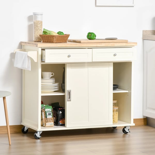 Köksvagn - Serveringsvagn - Med Hjul - 2 Skjutdörrar - 2 Lådor - Handduksstång - 110x49,5x89,5 cm - Elfenbensvit