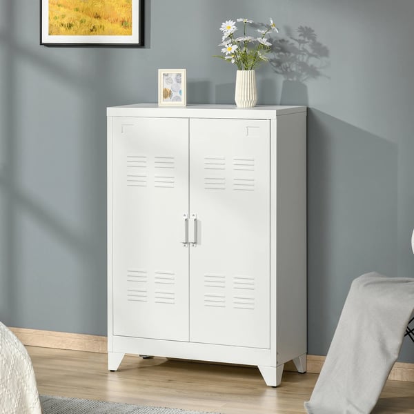 Metallskåp - Arkivskåp/Förvaringsskåp - Två Dörrar - Två Justerbara Hyllplan - 75×33×110 cm - Vit