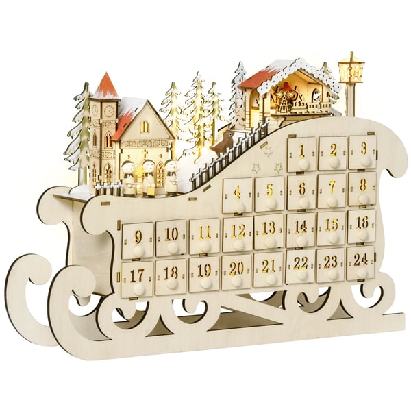 Adventskalender / Julkalender - Trähus - 24 lådor - Med belysning - 45x10x31 cm - Beige