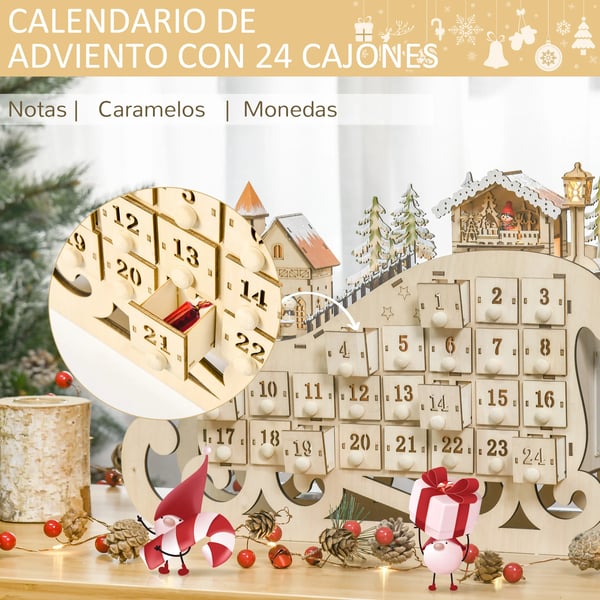 Adventskalender / Julkalender - Trähus - 24 lådor - Med belysning - 45x10x31 cm - Beige