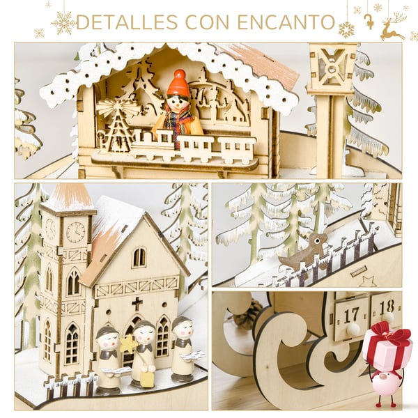 Adventskalender / Julkalender - Trähus - 24 lådor - Med belysning - 45x10x31 cm - Beige