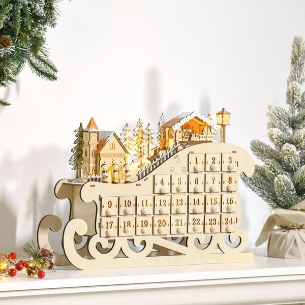Adventskalender / Julkalender - Trähus - 24 lådor - Med belysning - 45x10x31 cm - Beige