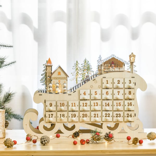 Adventskalender / Julkalender - Trähus - 24 lådor - Med belysning - 45x10x31 cm - Beige