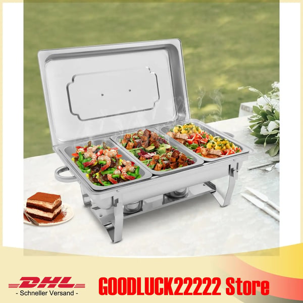 Buffévärmare Chafing Dish - Bufféset med stativ - Lock - Vattenbad - Brännarhållare - Insatskärl - Stor kapacitet - Silver