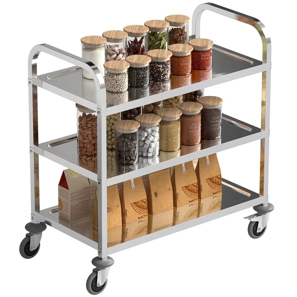 Serveringsvagn - Köksvagn - Med hjul - 90,5×50,5×88,2 cm - Metall - 2 handtag - Hyllplan - Montering krävs - Silver