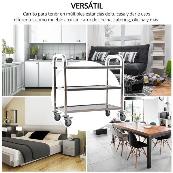 Serveringsvagn - Köksvagn - Med hjul - 90,5×50,5×88,2 cm - Metall - 2 handtag - Hyllplan - Montering krävs - Silver