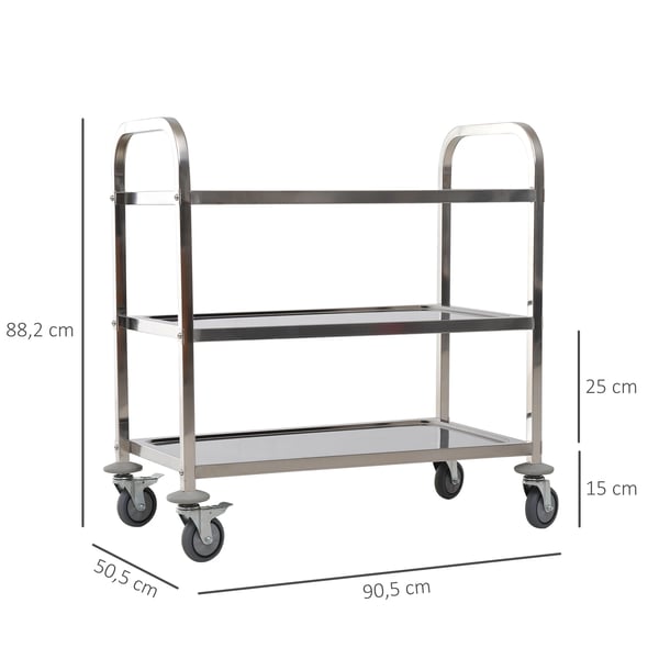 Serveringsvagn - Köksvagn - Med hjul - 90,5×50,5×88,2 cm - Metall - 2 handtag - Hyllplan - Montering krävs - Silver