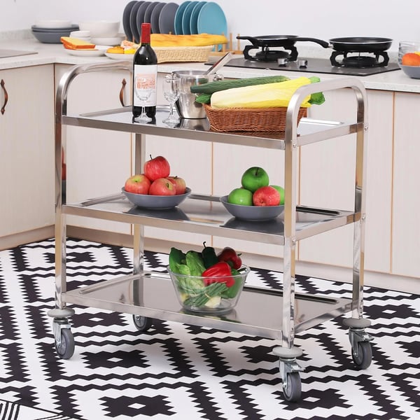 Serveringsvagn - Köksvagn - Med hjul - 90,5×50,5×88,2 cm - Metall - 2 handtag - Hyllplan - Montering krävs - Silver