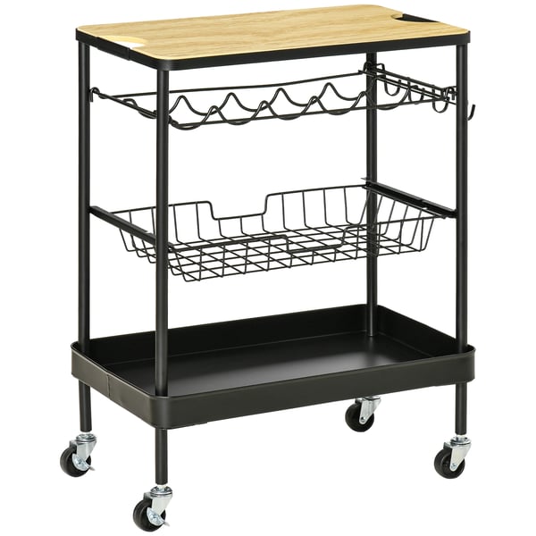 Köksvagn - Serveringsvagn - Med hjul - Metall - Flaskställ - Utdragbar korg - Bricka - 60,5×35,5×75 cm - Svart