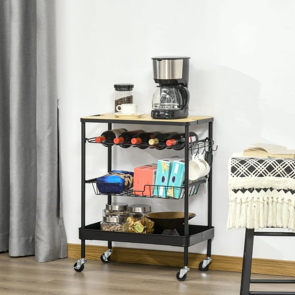 Köksvagn - Serveringsvagn - Med hjul - Metall - Flaskställ - Utdragbar korg - Bricka - 60,5×35,5×75 cm - Svart