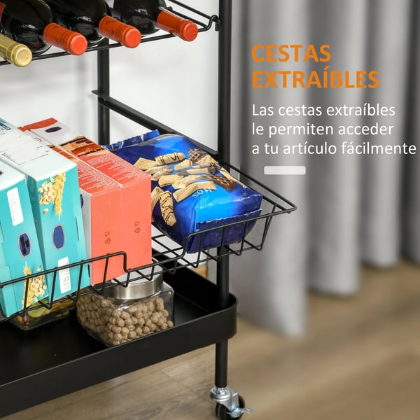 Köksvagn - Serveringsvagn - Med hjul - Metall - Flaskställ - Utdragbar korg - Bricka - 60,5×35,5×75 cm - Svart