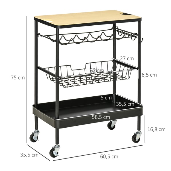 Köksvagn - Serveringsvagn - Med hjul - Metall - Flaskställ - Utdragbar korg - Bricka - 60,5×35,5×75 cm - Svart