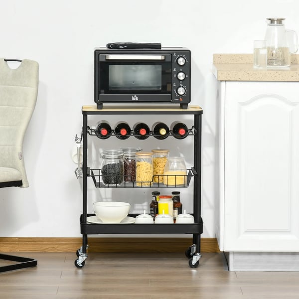 Köksvagn - Serveringsvagn - Med hjul - Metall - Flaskställ - Utdragbar korg - Bricka - 60,5×35,5×75 cm - Svart