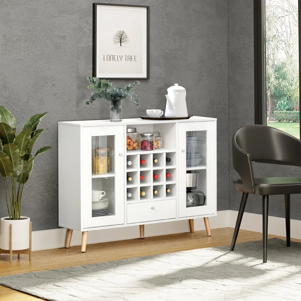 Kökskänk - Sideboard med Vinställ - Låda - Öppen Hylla - 2 Skåp med Glasdörrar - 100x33x80 cm - Vit