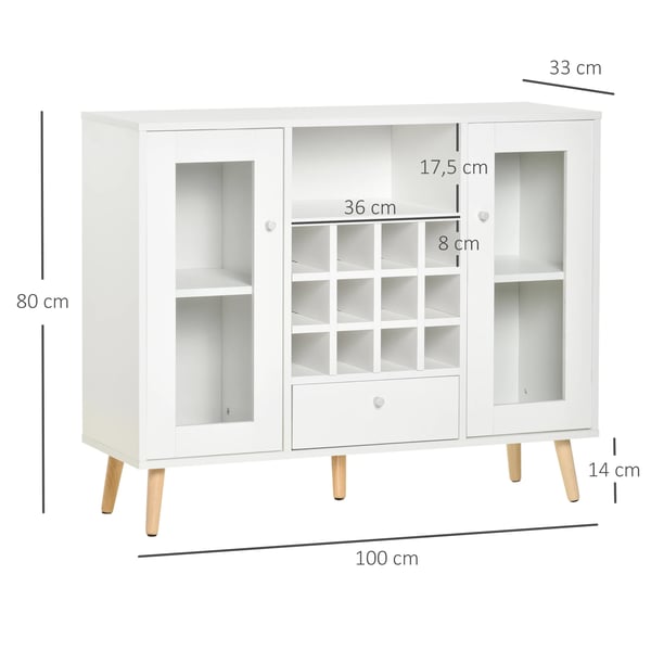 Kökskänk - Sideboard med Vinställ - Låda - Öppen Hylla - 2 Skåp med Glasdörrar - 100x33x80 cm - Vit