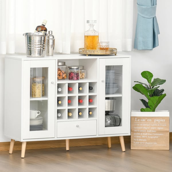 Kökskänk - Sideboard med Vinställ - Låda - Öppen Hylla - 2 Skåp med Glasdörrar - 100x33x80 cm - Vit