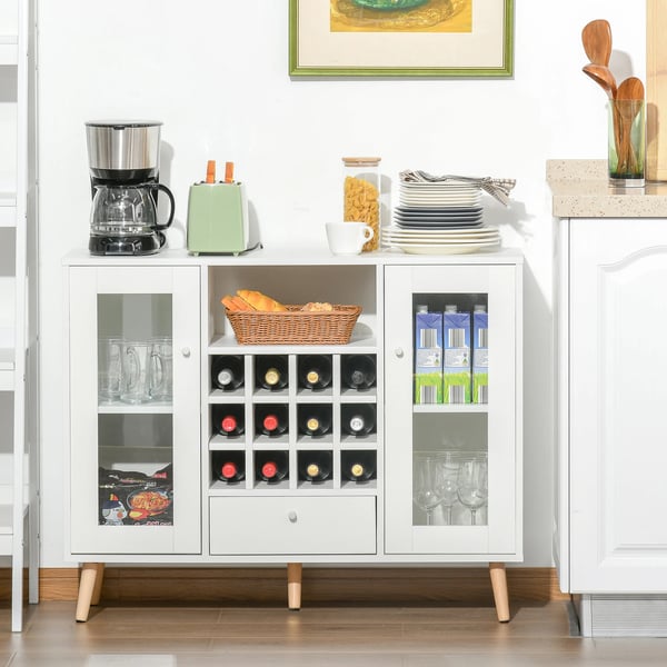 Kökskänk - Sideboard med Vinställ - Låda - Öppen Hylla - 2 Skåp med Glasdörrar - 100x33x80 cm - Vit