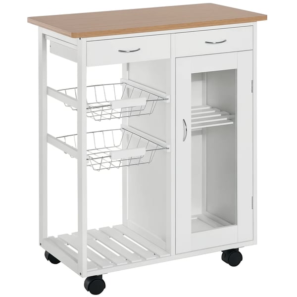 Köksvagn - Serveringsvagn - Bambu - 2 Lådor - Hyllor & Korgar - På Hjul - 70x37x85 cm - Vit
