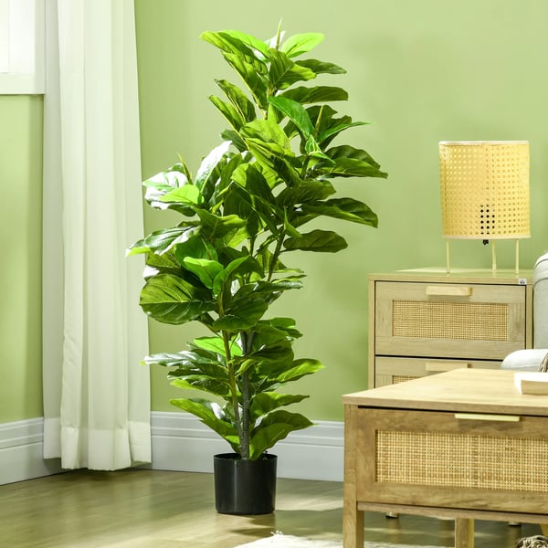 Ficus konstväxt - Konstgjort träd - 110 cm - 90 blad - Med kruka - För utomhusbruk - Plast - Ljusgrön