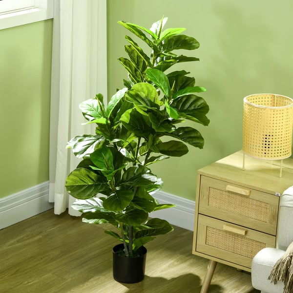 Ficus konstväxt - Konstgjort träd - 110 cm - 90 blad - Med kruka - För utomhusbruk - Plast - Ljusgrön