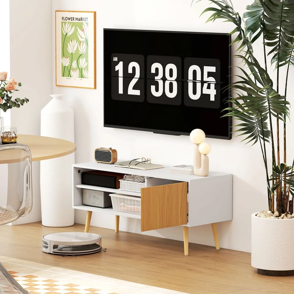 TV-bänk - TV-möbel - Två fack - Kabelgenomföring - För TV upp till 140 cm - 110×40×50 cm - Skandinavisk stil - Vit