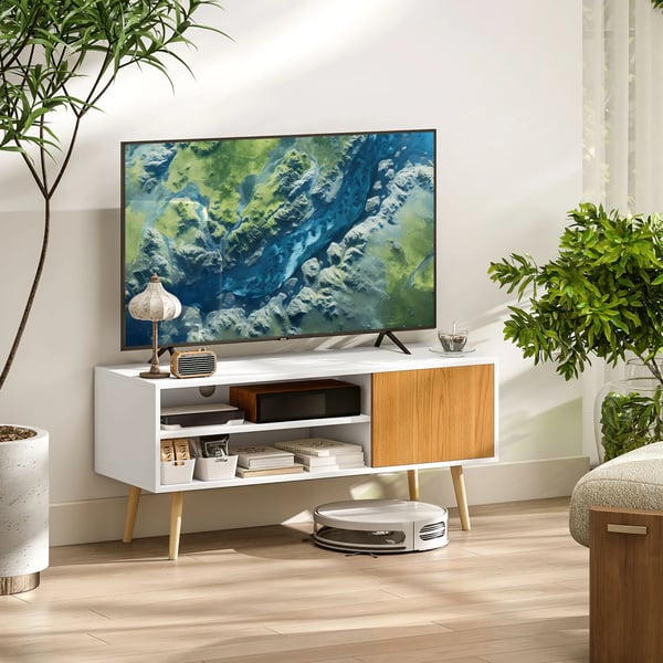 TV-bänk - TV-möbel - Två fack - Kabelgenomföring - För TV upp till 140 cm - 110×40×50 cm - Skandinavisk stil - Vit