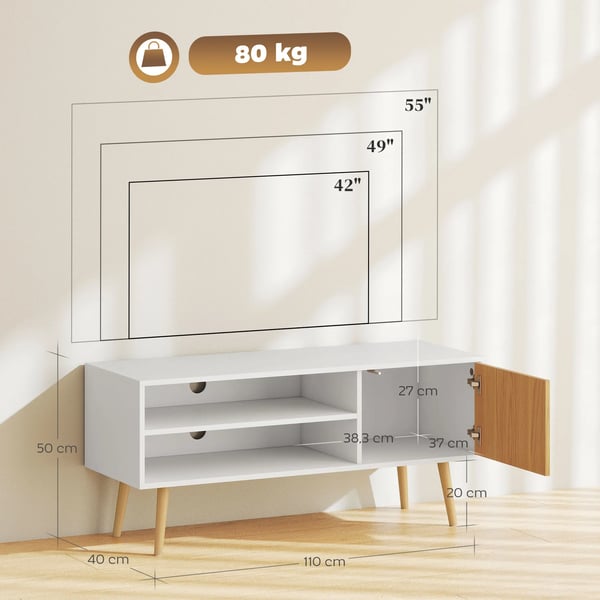 TV-bänk - TV-möbel - Två fack - Kabelgenomföring - För TV upp till 140 cm - 110×40×50 cm - Skandinavisk stil - Vit