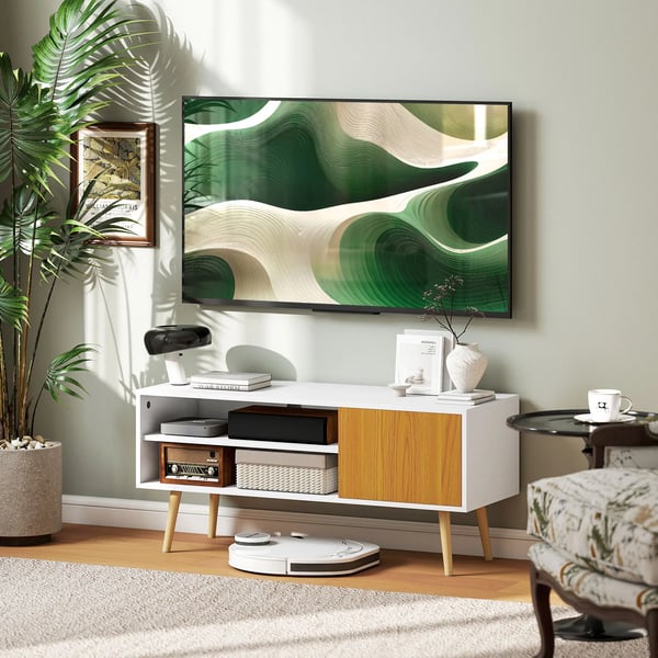 TV-bänk - TV-möbel - Två fack - Kabelgenomföring - För TV upp till 140 cm - 110×40×50 cm - Skandinavisk stil - Vit