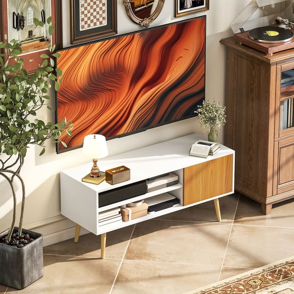 TV-bänk - TV-möbel - Två fack - Kabelgenomföring - För TV upp till 140 cm - 110×40×50 cm - Skandinavisk stil - Vit