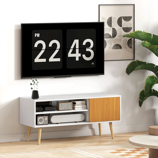TV-bänk - TV-möbel - Två fack - Kabelgenomföring - För TV upp till 140 cm - 110×40×50 cm - Skandinavisk stil - Vit