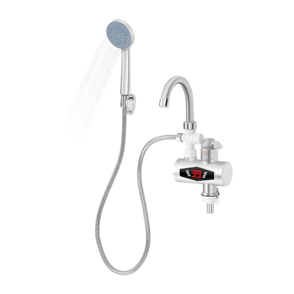 Elektrisk varmtvandsvandhane - Gennemstrømsvarmer - 3000 W - 220 V 50 Hz - 30–60 °C - 304 rustfrit stål - IPX4 - EU-stik - Sølv
