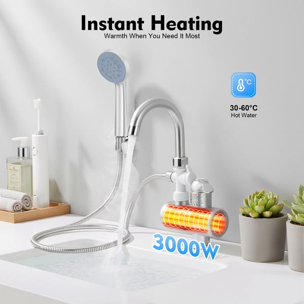 Elektrisk varmtvandsvandhane - Gennemstrømsvarmer - 3000 W - 220 V 50 Hz - 30–60 °C - 304 rustfrit stål - IPX4 - EU-stik - Sølv