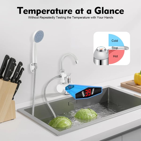 Elektrisk varmtvandsvandhane - Gennemstrømsvarmer - 3000 W - 220 V 50 Hz - 30–60 °C - 304 rustfrit stål - IPX4 - EU-stik - Sølv