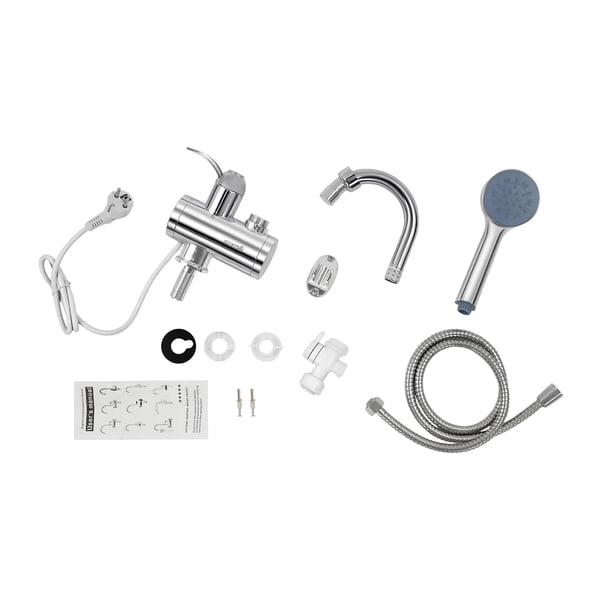 Elektrisk varmtvandsvandhane - Gennemstrømsvarmer - 3000 W - 220 V 50 Hz - 30–60 °C - 304 rustfrit stål - IPX4 - EU-stik - Sølv