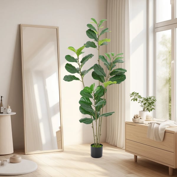 Kunstig violinfigen - Træ 180 cm - Ficus lyrata - Udendørs/indendørs - Vedligeholdelsesfri - PE-blade, jern, cementfod - Med sort potte - Grøn