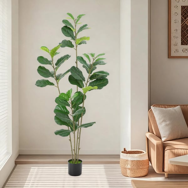 Kunstig violinfigen - Træ 180 cm - Ficus lyrata - Udendørs/indendørs - Vedligeholdelsesfri - PE-blade, jern, cementfod - Med sort potte - Grøn