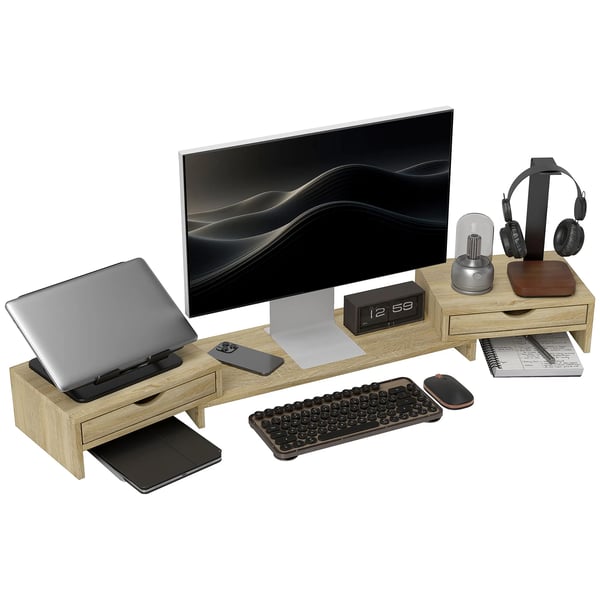 Skärmförhöjare för skrivbord - Monitor- och laptopställ - Justerbar längd 60–116 cm - Två lådor - ABS-plast