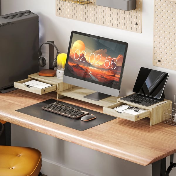 Skärmförhöjare för skrivbord - Monitor- och laptopställ - Justerbar längd 60–116 cm - Två lådor - ABS-plast