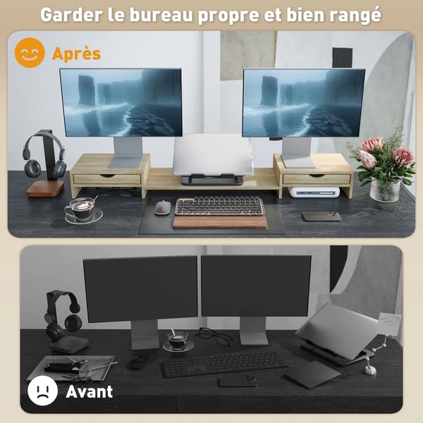 Skärmförhöjare för skrivbord - Monitor- och laptopställ - Justerbar längd 60–116 cm - Två lådor - ABS-plast
