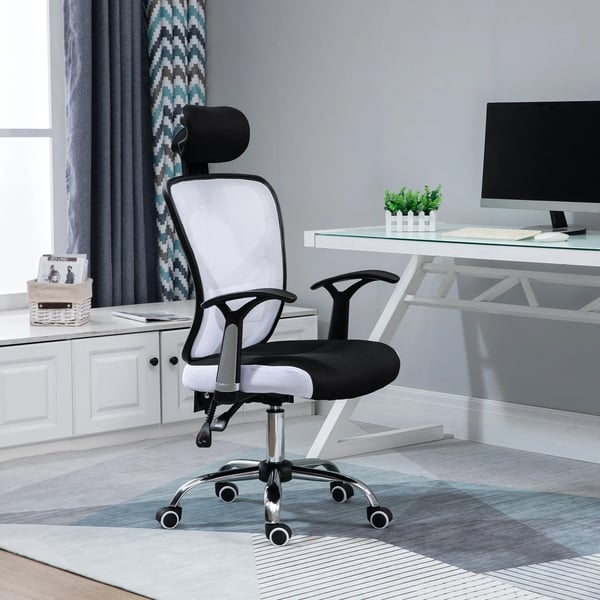 Kontorsstol - Skrivbordsstol - Ergonomisk - Justerbar höjd - Lutningsbar rygg - Justerbart nackstöd - 360° svängbar - Tyg 62x67x118 cm - Vit