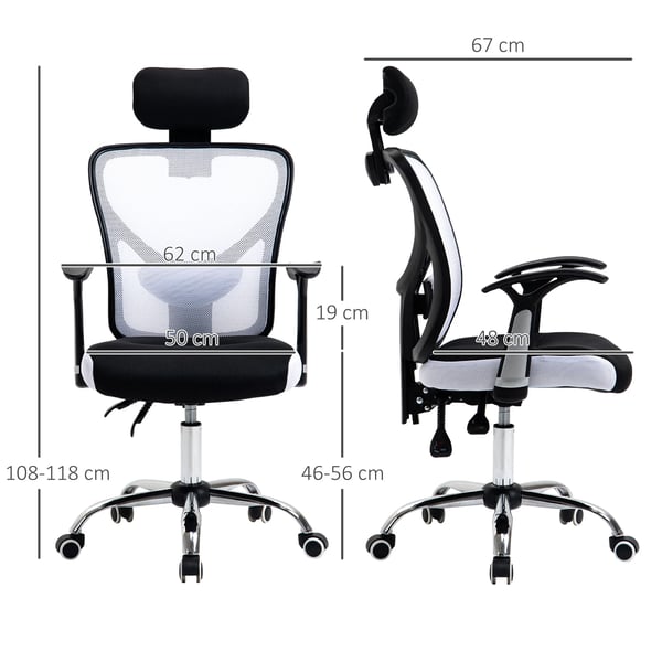 Kontorsstol - Skrivbordsstol - Ergonomisk - Justerbar höjd - Lutningsbar rygg - Justerbart nackstöd - 360° svängbar - Tyg 62x67x118 cm - Vit